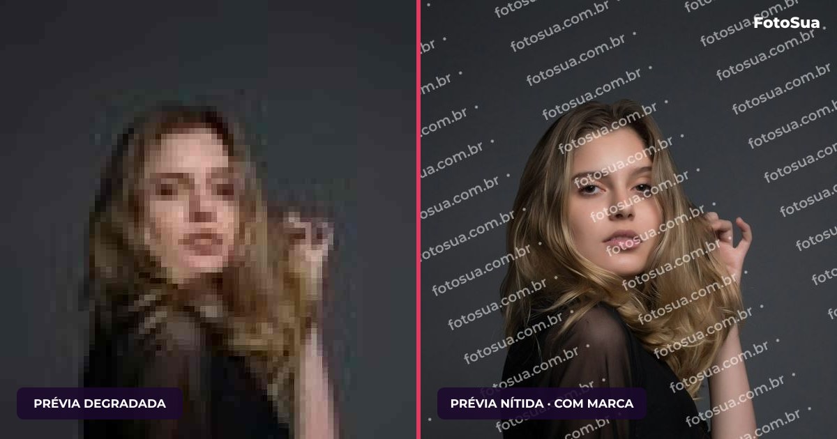 Comparação lado a lado: a mesma foto em prévia degradada e em prévia nítida com marca d'água cobrindo a imagem.